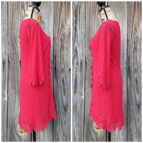 Red Lace Crochet Dress Laundry Shelli Segal Size 6 Scallop Edge Flare Sleeve NWT - Picture 3 of 9